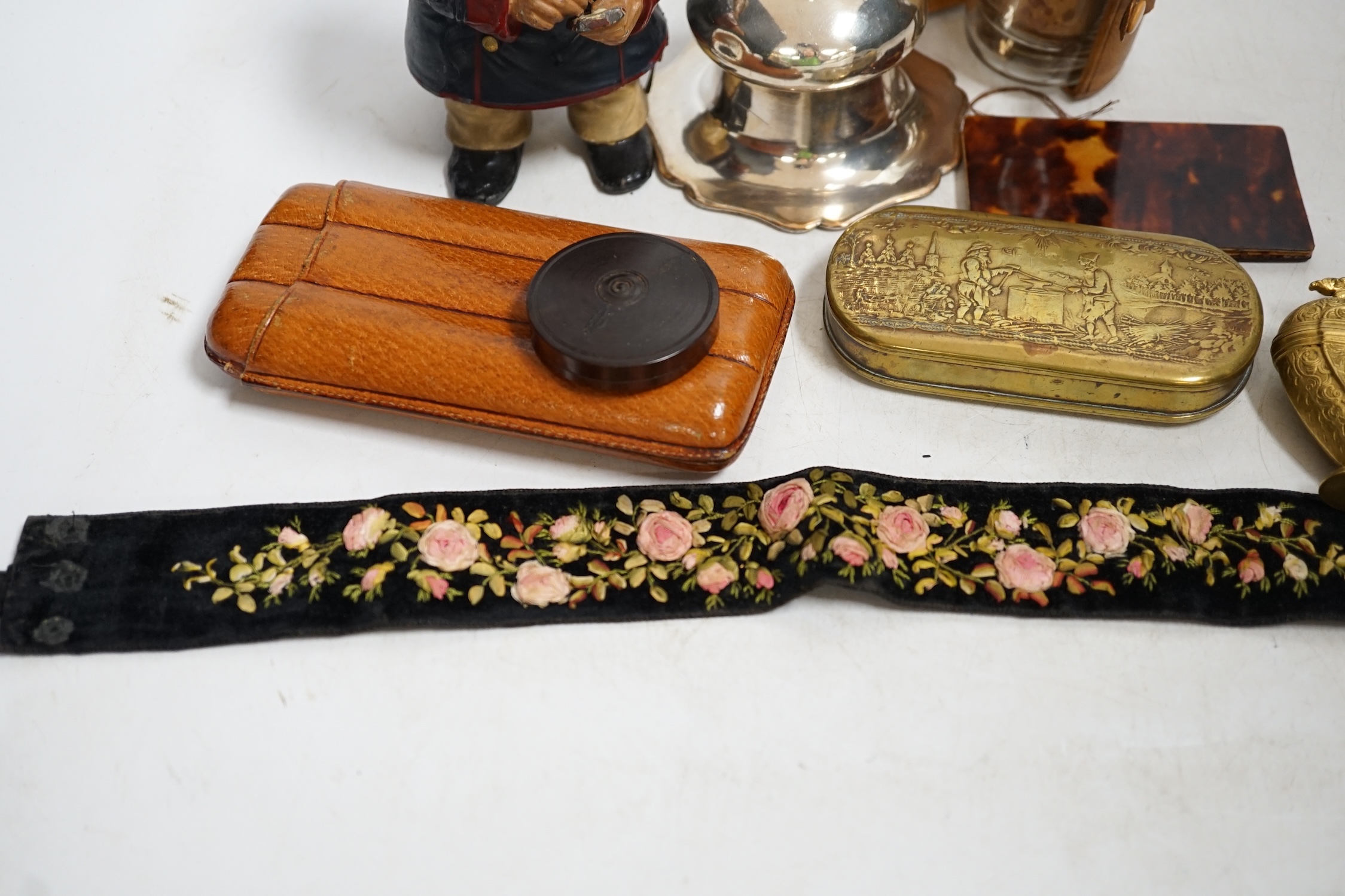 Sundry items to include a gilt metal heart shaped vinaigrette, a tobacco box, a plated wine funnel, etc. Condition - mostly fair